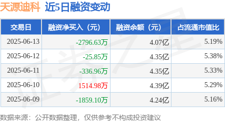 九龙证券 天源迪科：6月13日融资买入3777.45万元，融资融券余额4.07亿元
